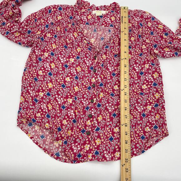 MAEVE by Anthro Spring Floral Top Shirt Size 00P Dark Pink Long Sleeve Button - Picture 8 of 8